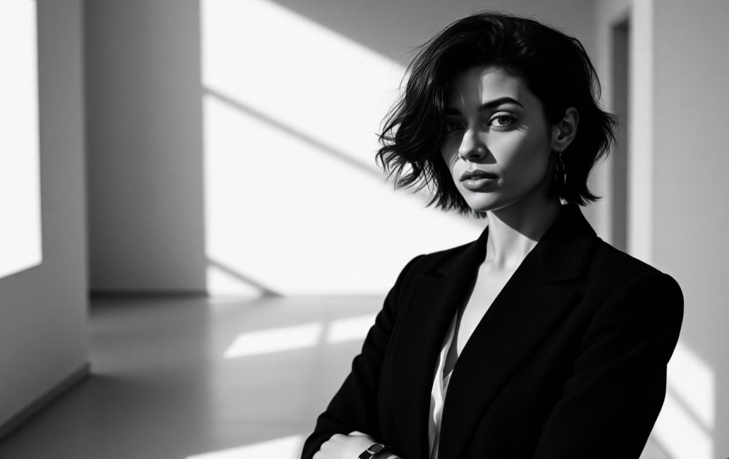 Black and white portrait of a confident professional in a minimal architectural space